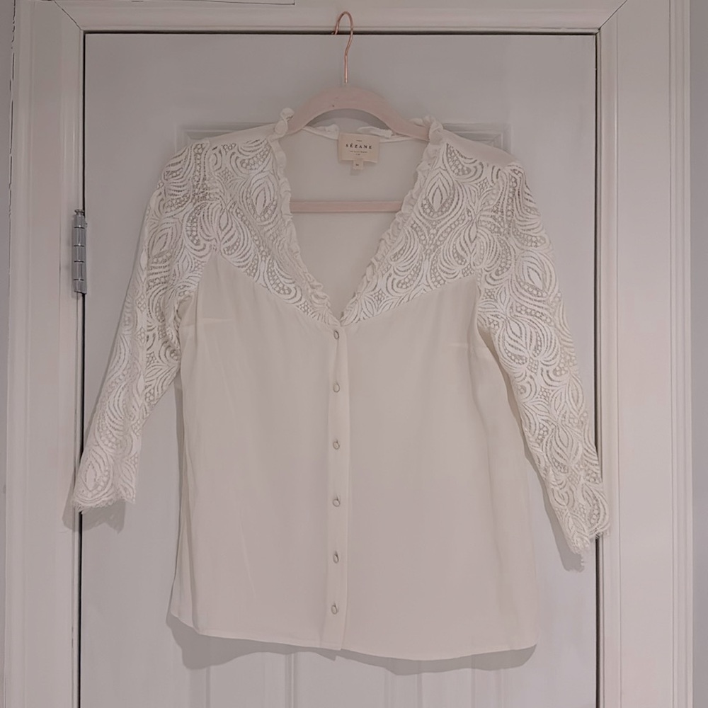 Sezane Margaret Silk Lace Blouse in Ecru, 36 - Picture 2 of 3
